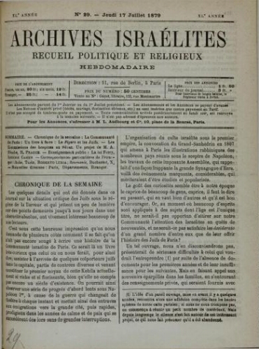 Archives israélites de France. Vol.40 N°29 (17 juil. 1879)